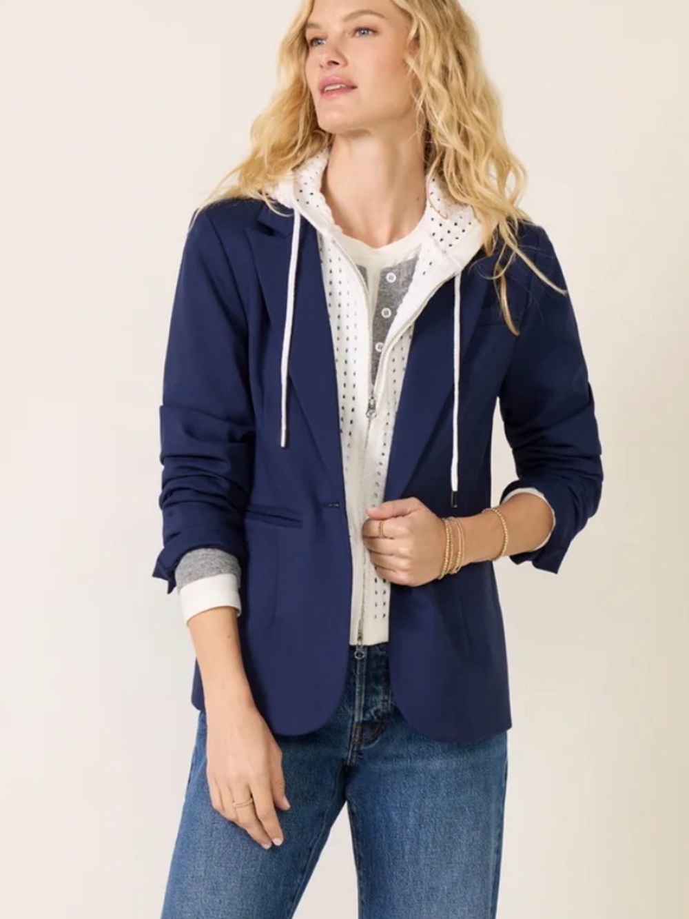 Evereve Dawson Hooded Blazer Navy Blue Twofer Layered Jacket Size Large